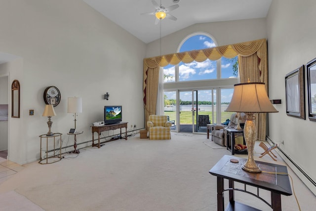 sitting room featuring ceiling fan, high vaulted ceiling, baseboard heating, and carpet flooring