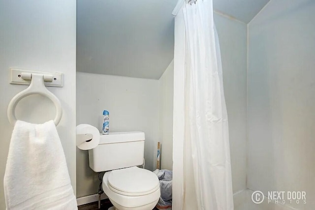 bathroom featuring hardwood / wood-style flooring, toilet, and lofted ceiling