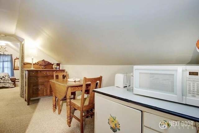 interior space with light colored carpet, a baseboard radiator, and vaulted ceiling