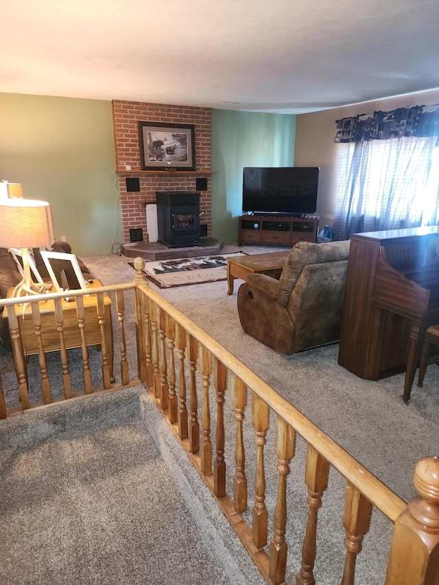 living room with a wood stove