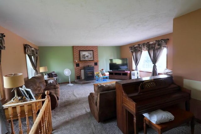 carpeted living room featuring a wood stove