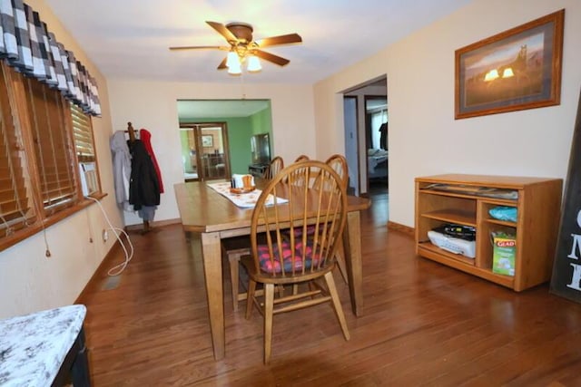 dining room featuring ceiling fan and dark hardwood / wood-style floors