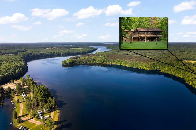 drone / aerial view featuring a water view