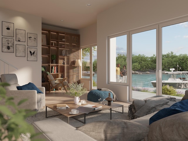 living room featuring a wealth of natural light and a water view