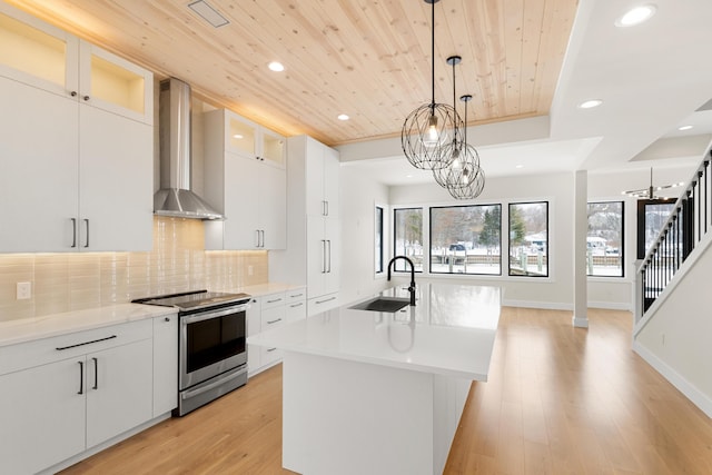 kitchen featuring stainless steel electric range oven, white cabinetry, sink, a center island with sink, and wall chimney exhaust hood