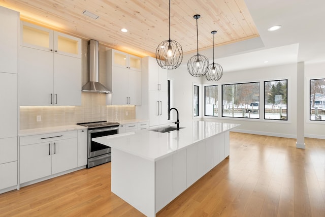 kitchen featuring sink, a center island with sink, electric range, wall chimney range hood, and white cabinets