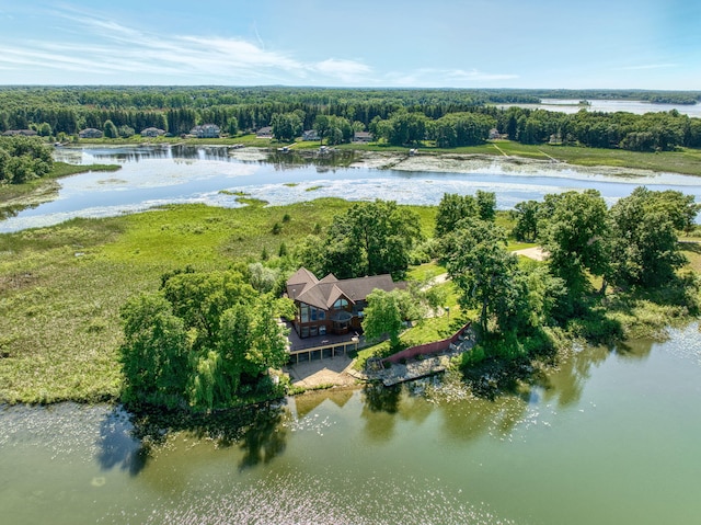 drone / aerial view with a water view