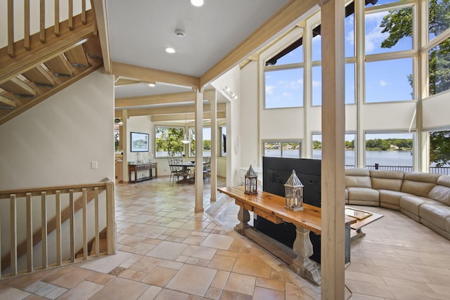 living room featuring a water view