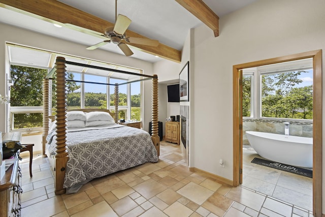 bedroom featuring beamed ceiling, ceiling fan, and multiple windows