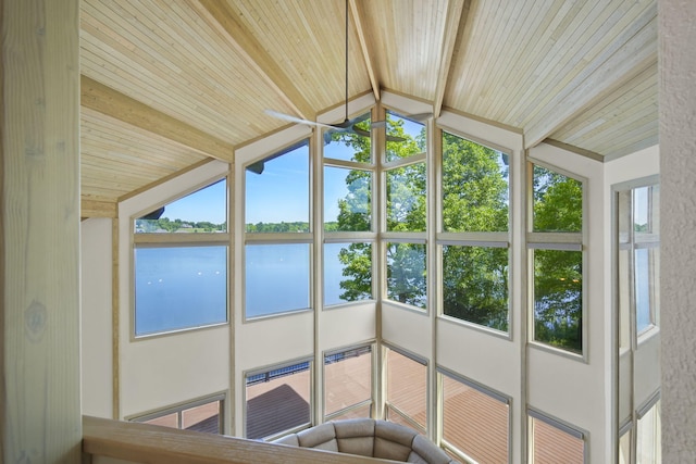 unfurnished sunroom with a water view, wood ceiling, and lofted ceiling