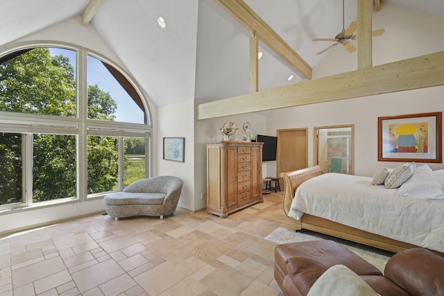 bedroom with ceiling fan, beam ceiling, and high vaulted ceiling