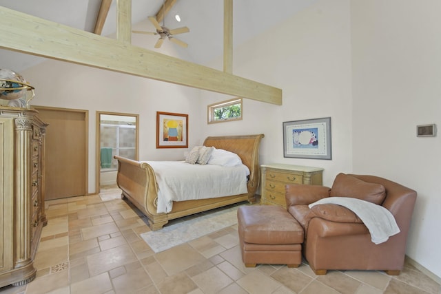 bedroom with beamed ceiling, high vaulted ceiling, and ceiling fan