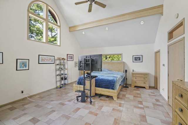 bedroom with multiple windows, beam ceiling, high vaulted ceiling, and ceiling fan