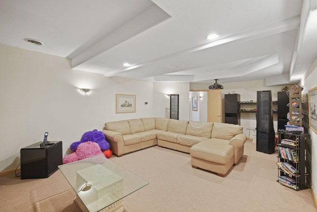 living room with light carpet and a tray ceiling