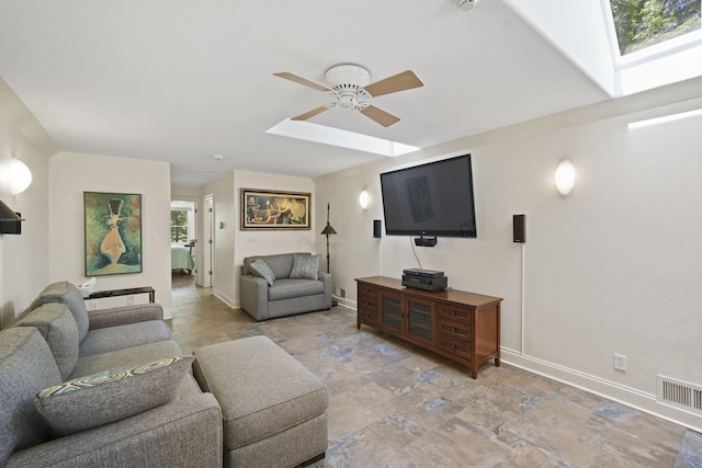 living room with ceiling fan and a skylight