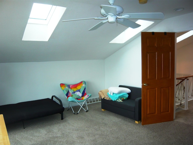 playroom featuring vaulted ceiling, carpet floors, and ceiling fan