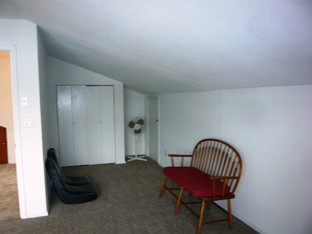 living area with vaulted ceiling and dark colored carpet