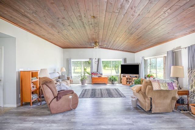 living room featuring lofted ceiling, ornamental molding, wood-type flooring, and wooden ceiling