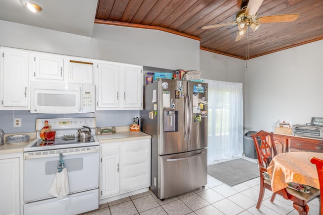 kitchen featuring white cabinetry, light tile patterned floors, ceiling fan, wooden ceiling, and white appliances