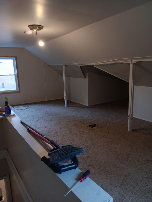 additional living space with vaulted ceiling and carpet