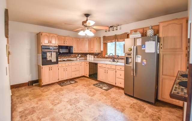 kitchen with sink, light brown cabinets, ceiling fan, and black appliances