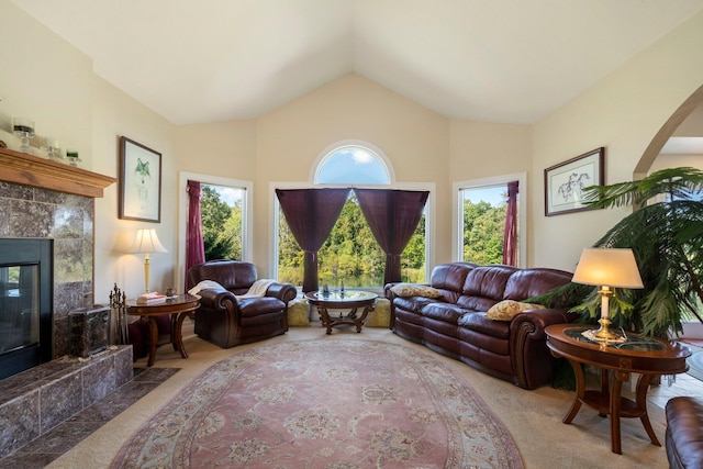 carpeted living room with a premium fireplace and vaulted ceiling