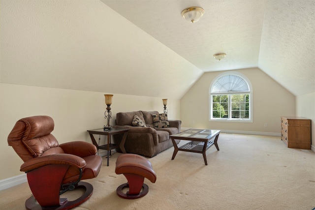 sitting room with vaulted ceiling, light carpet, and a textured ceiling