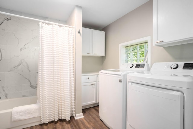 laundry room with washing machine and clothes dryer and dark hardwood / wood-style floors