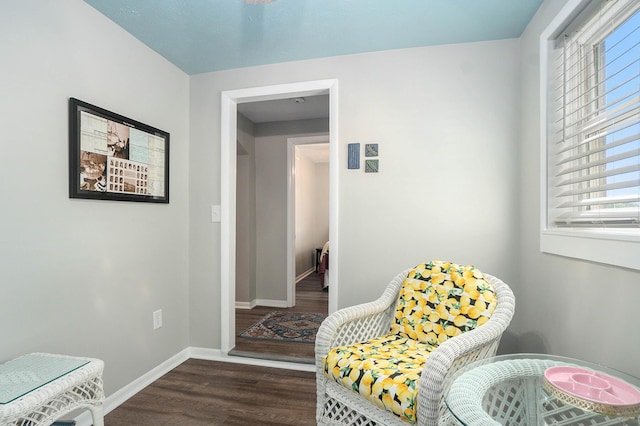 living area featuring plenty of natural light and dark hardwood / wood-style floors