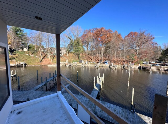 view of dock with a water view