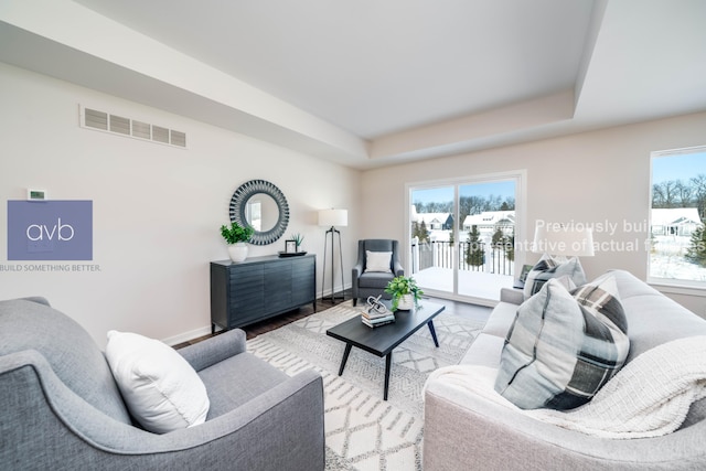 living room featuring a wealth of natural light, a raised ceiling, and hardwood / wood-style floors