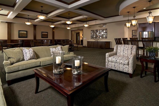 living room featuring carpet, beam ceiling, and coffered ceiling