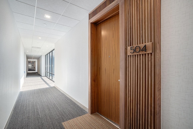 corridor with carpet flooring and a drop ceiling