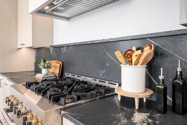 interior details featuring stainless steel gas range oven, custom range hood, and backsplash