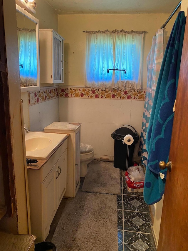 bathroom featuring a shower with curtain, vanity, and toilet