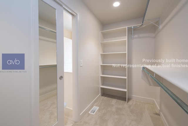 spacious closet featuring light carpet