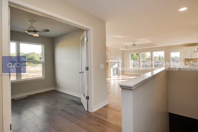 corridor featuring a tray ceiling and hardwood / wood-style floors