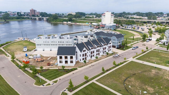 drone / aerial view featuring a water view