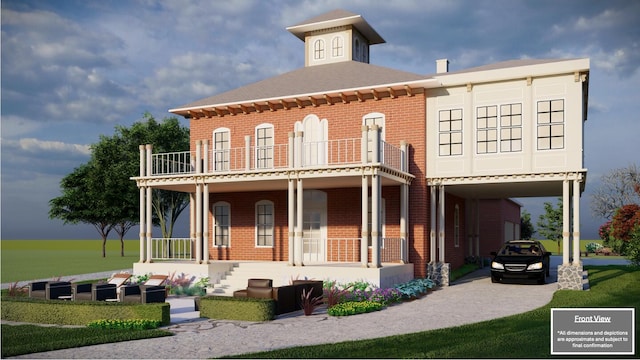 view of front facade featuring a balcony, covered porch, a carport, and a front lawn