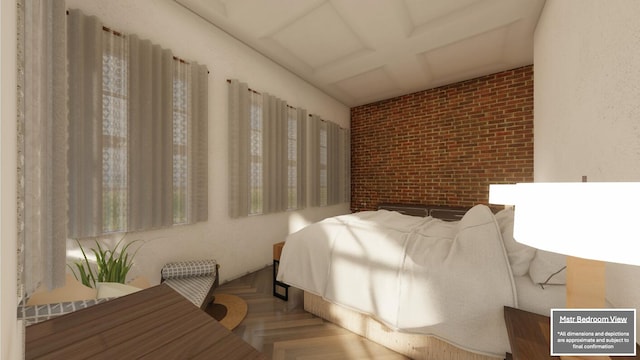 interior space with coffered ceiling, brick wall, and parquet floors