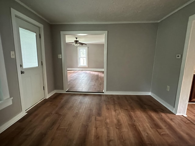 interior space featuring ornamental molding, dark hardwood / wood-style floors, and a textured ceiling