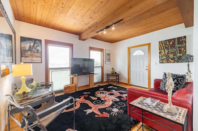 living room featuring wood-type flooring, wooden ceiling, beamed ceiling, and track lighting