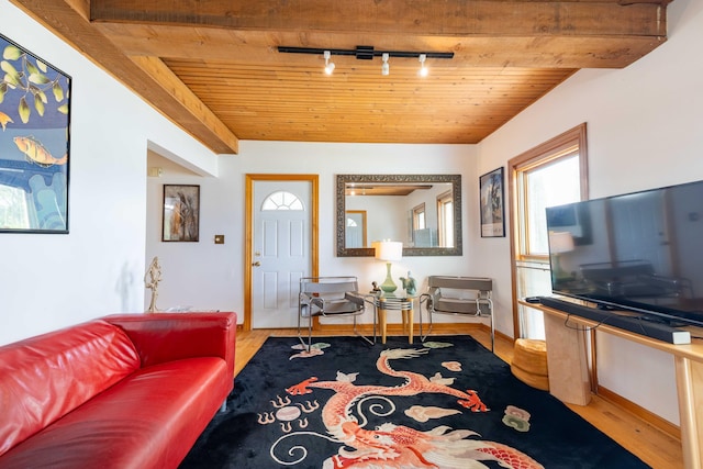 living room featuring track lighting, beam ceiling, wood ceiling, and hardwood / wood-style floors