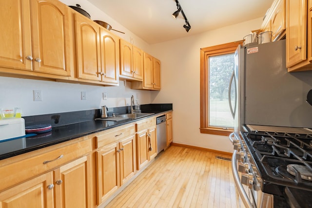 kitchen featuring appliances with stainless steel finishes, rail lighting, sink, light hardwood / wood-style flooring, and plenty of natural light