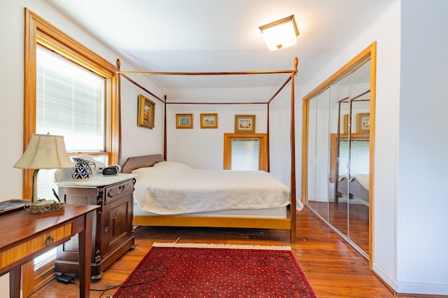 bedroom featuring wood-type flooring and a closet