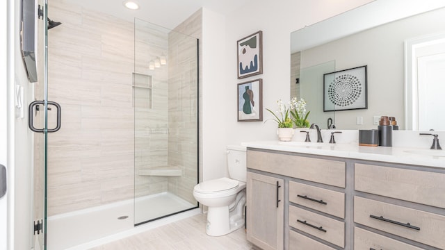 bathroom with vanity, a shower with door, and toilet