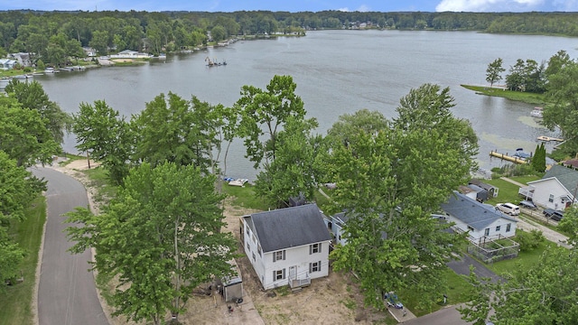 drone / aerial view with a water view