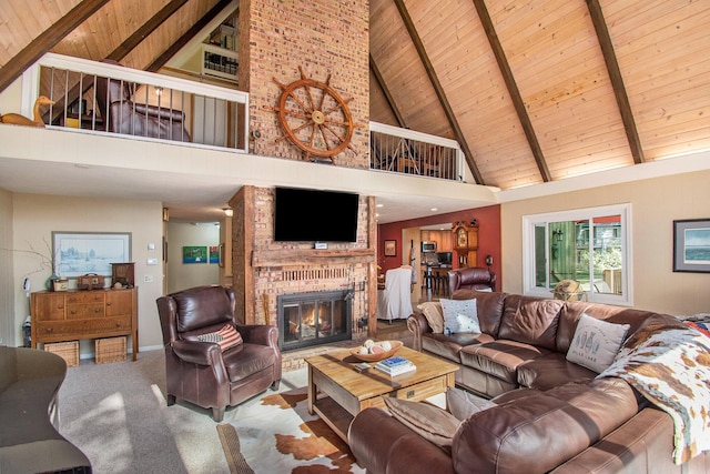 carpeted living room featuring beamed ceiling, wooden ceiling, high vaulted ceiling, and a fireplace