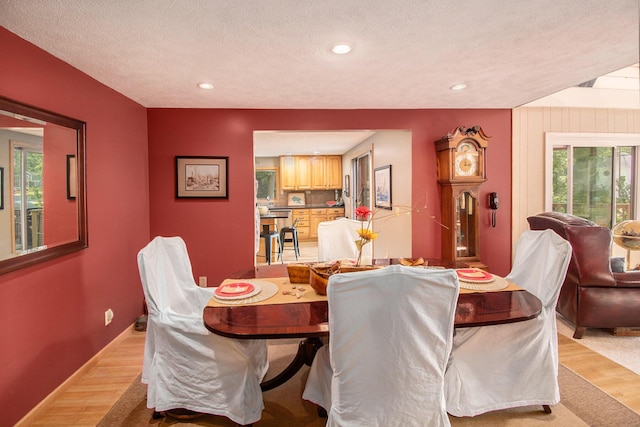 dining room with a healthy amount of sunlight, a textured ceiling, and light wood-type flooring