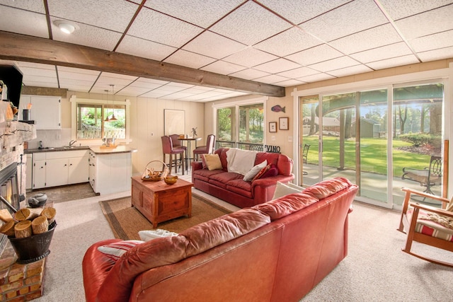 carpeted living room with a paneled ceiling